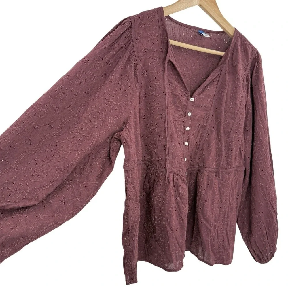 Old Navy Women's Maroon Eyelet Puff Sleeve Blouse XL‎ Boho Peasant Festival